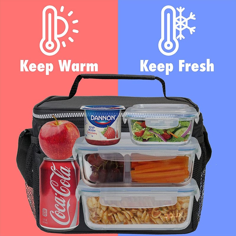 opux Insulated Lunch Bag for Men Women, Leakproof Black Lunch Box for Work, Portable Soft Lunch Cooler Bag with Shoulder Strap, Adult Lunchbox Lunch Pail for Kid Boy Girl School, 14 Can/8L - Image 2